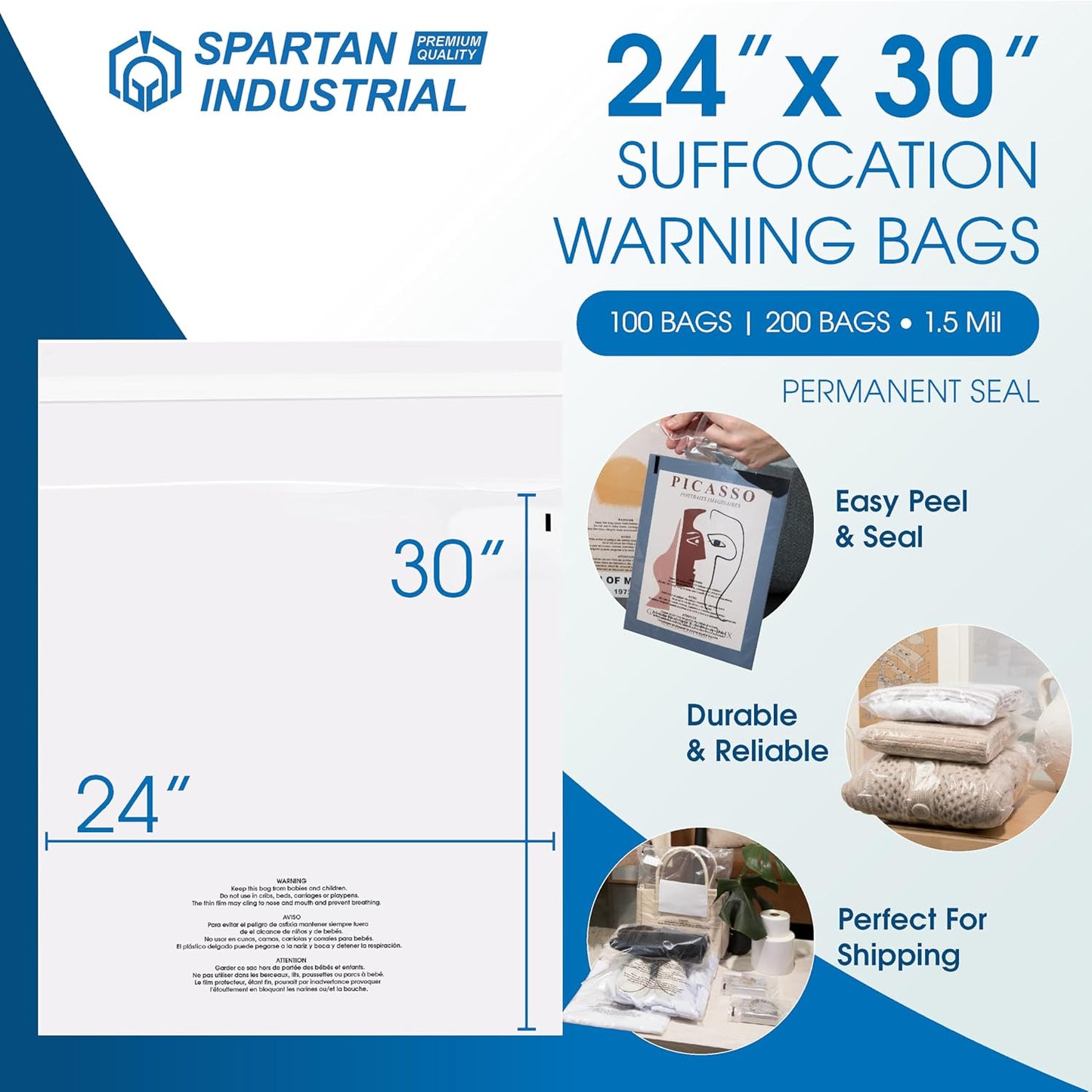 Spartan Industrial - Self-Seal Clear Poly Bags (24" X 30", 100 Count) - Safe Packaging with Suffocation Warning