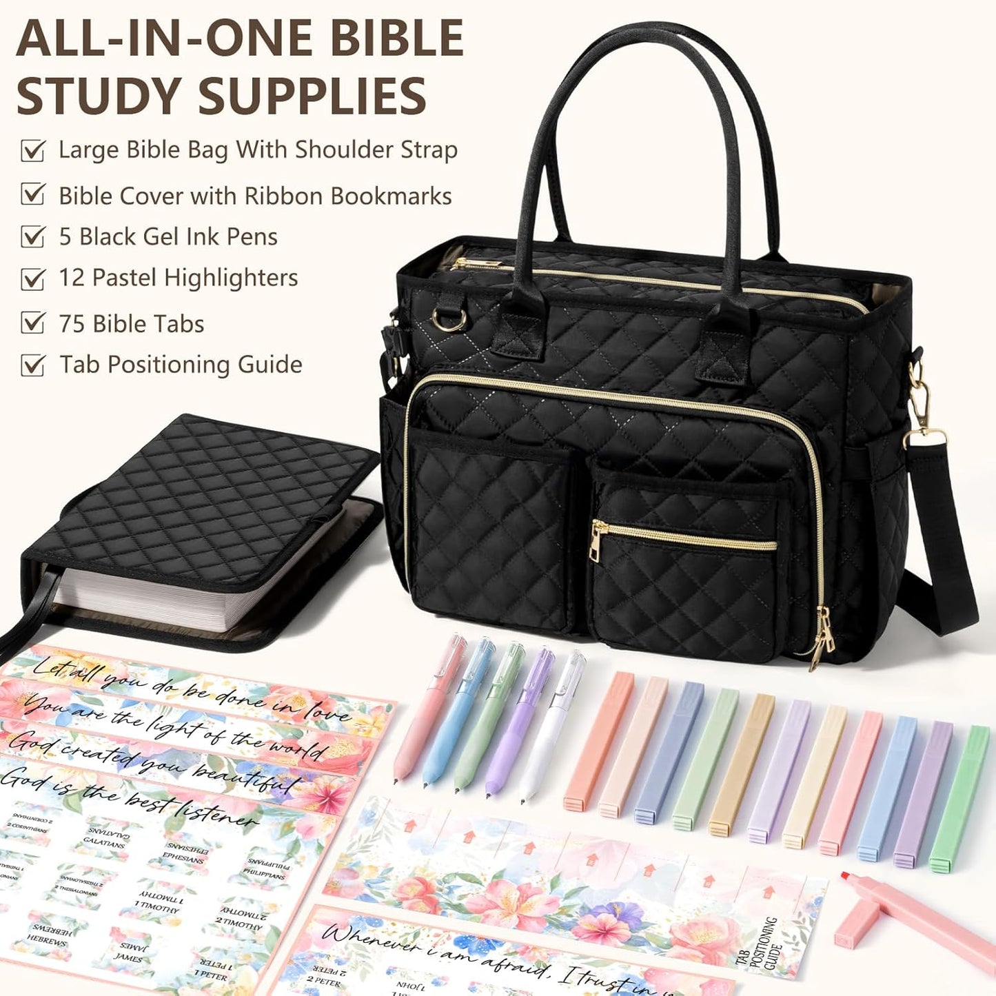 Skiennix Large Bible Bag - Quilted Church Tote with Shoulder Strap | Perfect Christian Gift for Women