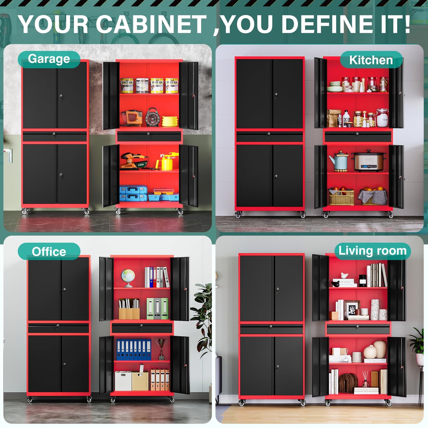 SISESOL Metal Storage Cabinet with Wheels and Drawer,Rolling Garage Storage Cabinet with Lock,Black Red Metal Cabinets with Wheel,73" Mobile Tall Tool Cabinets on Wheel for Home,Office,Garage,Shop