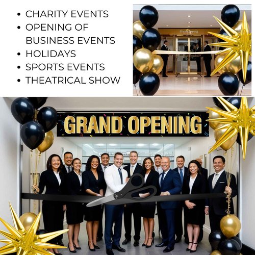 Black Ribbon Cutting Ceremony Kit - 25 Inch Scissors for Grand Opening Gold Satin Ribbon Gold Star Balloons and Grand Opening Banner for Inaugurations Special Events Ceremonies