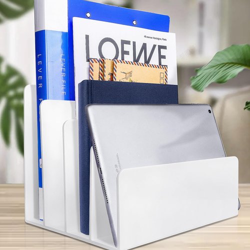 4 Section Acrylic File Organizer for Desk, White Acrylic Desk Organizer and Accessories, Sturdy & Thick Acrylic File Folder Holder Sorter, Office Supplies for Mail Letter Paper Electronic