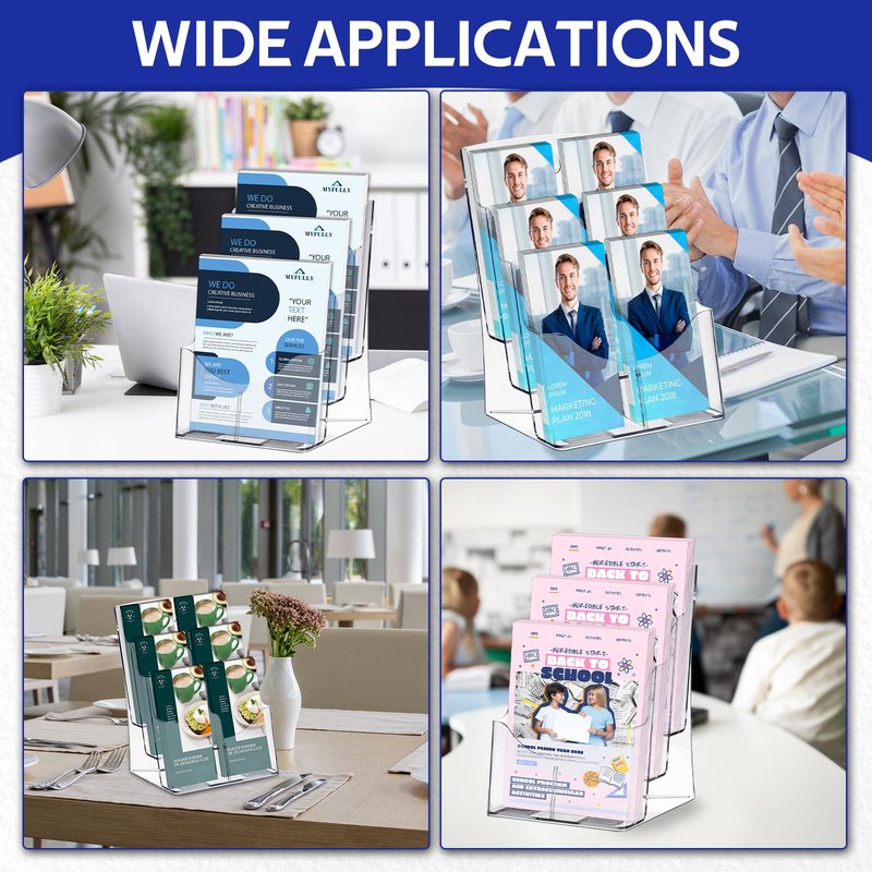 MYFULLY 3 Tier Acrylic Brochure Holder 8.5 x 11 Inch 2 Pack, Clear Literature Display Stand with Removable Divider for 4 x 9 Inch Pamphlets, Multi-Purpose Wall Mount or Countertop Organizer