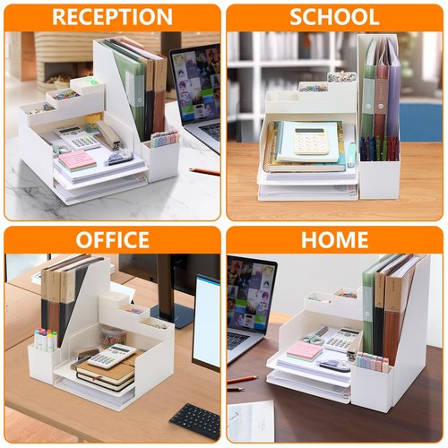 Idealiveny Stackable-File-Organizers for Office Supply Organizers with 2-Tier Paper Letter Tray Plastic File Holder Document Organizers Pen Holder and Drawer Bins for Office Desktop Organizer