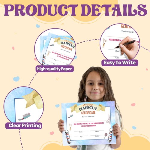 First Haircut Certificate, Comb Scissors First Haircut Keepsake Award Gifts for Kids Baby, 1st Hair Cut Souvenir Milestone Marker Supplies, 25 Pack Achievement Certificates of Recognition, 30