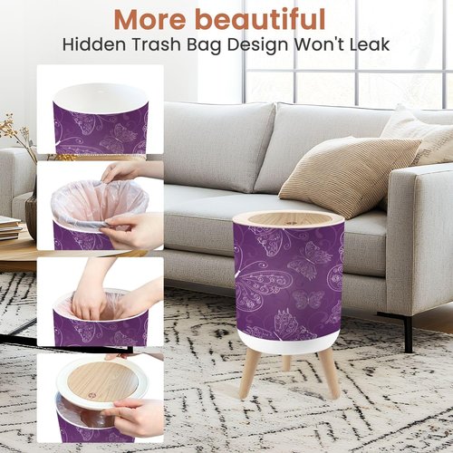 JBNJANKDAV Small Trash Can with Lid Purple Seamless Abstract Ornament White Drawing Butterflies 1.8 Gallon Dog Proof Trash Can Round Garbage Can Waste Bin Wastebasket for Bathroom Bedroom Living Room