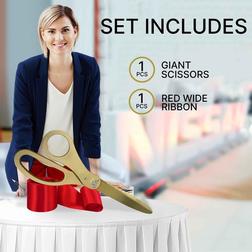 New Edition Grand Opening Kit – 25'' Scissors Gold with Golden Blades for Ribbon Cutting Ceremony with Red Ribbon Heavy Duty Golden Scissors