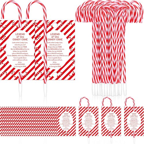 Qilery 100 Sets Christmas Candy Cane Pens Favors Christian Pens with Legend of Candy Cane Cards Xmas Jesus Ballpoint Pens with Black Ink Church Sunday School Supplies Party Gifts