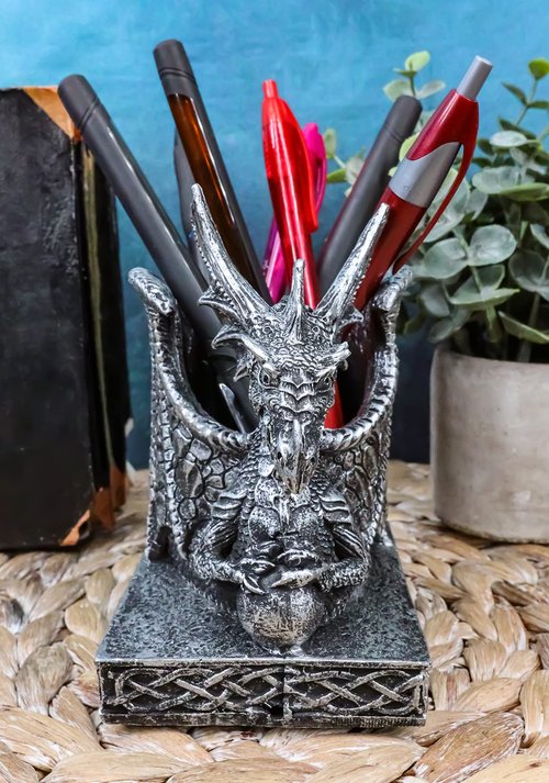 Ebros Gift Shenlong Spirit Dragon Orb Stationery Holder Figurine 4.75" H Office Desktop Accessory Pen Organizer