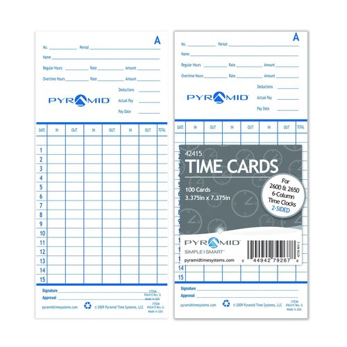 Pyramid Time Systems - Authentic Time Cards (42415MB) for Pyramid Models 2500, 2500K1, 2600 and 2650 Aligning Time Clocks, Double Sided Time Sheets (3.38 x 7.44 In) - 1000 Time Cards - Blue/Green
