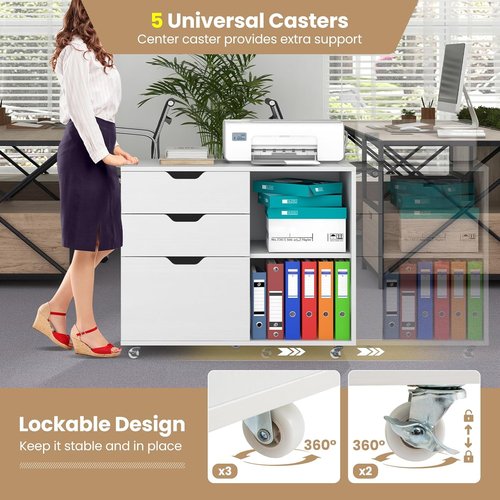Regine Switzerland Mobile Filing Cabinet - 3 Drawer Wood Printer Stand with Universal Wheels | White