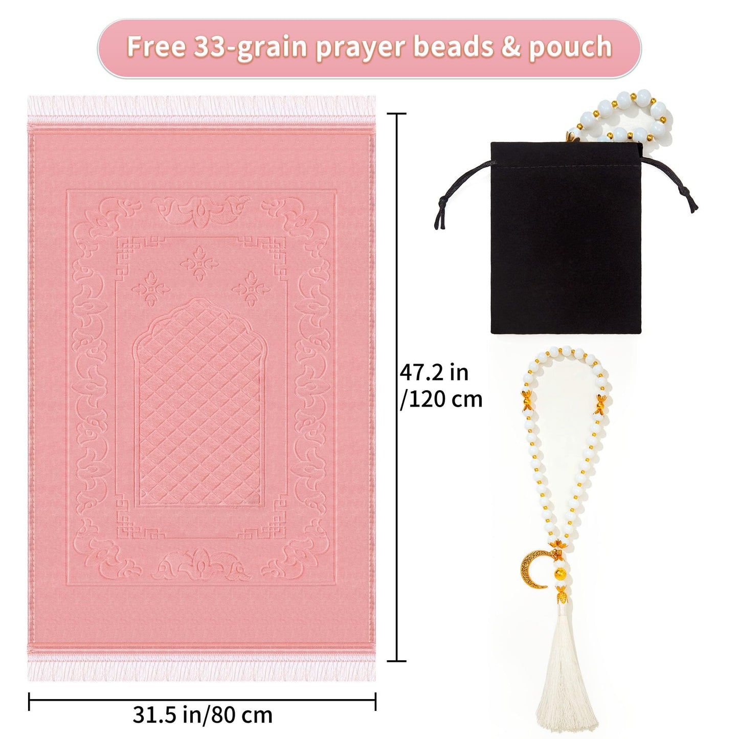 YAZEIN Muslim Prayer Rug with Tasbih Prayer Beads, Soft Large Prayer Matt Islam, Padded Islamic Prayer Mat Thick for Men and Women, Janamaz, Sajadah (Pink)