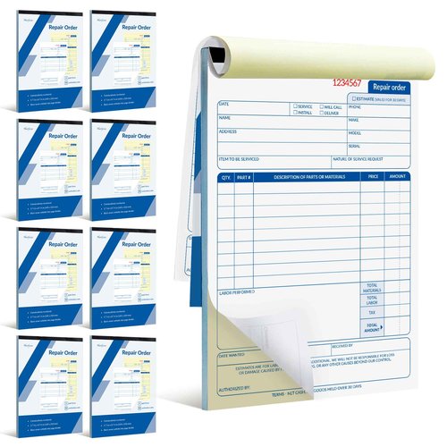 Harfesto Repair Order Book, 2 Part Carbonless Job Work Order Forms - White/Yellow, 5-7/10 x 8-1/4 Inches, Invoice Receipt Book for Small Business, Consecutively Numbered, 400 Sets (8 Packs)