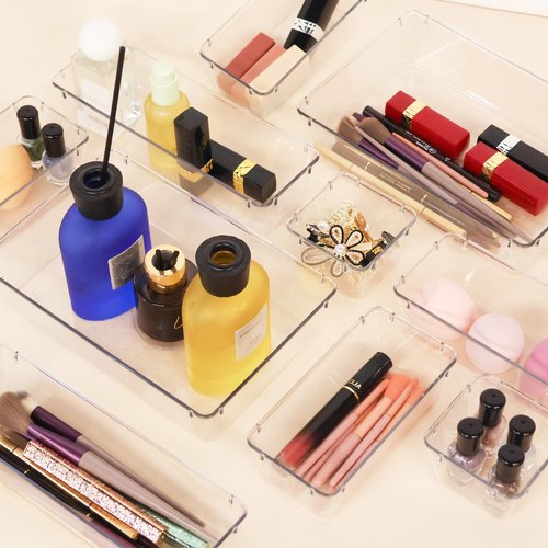 ATVAX 25 PCS Clear Plastic Drawer Organizer Set,Vanity Organizer Storage Bins Containers,4 Size Desk Drawer Organizer Tray
