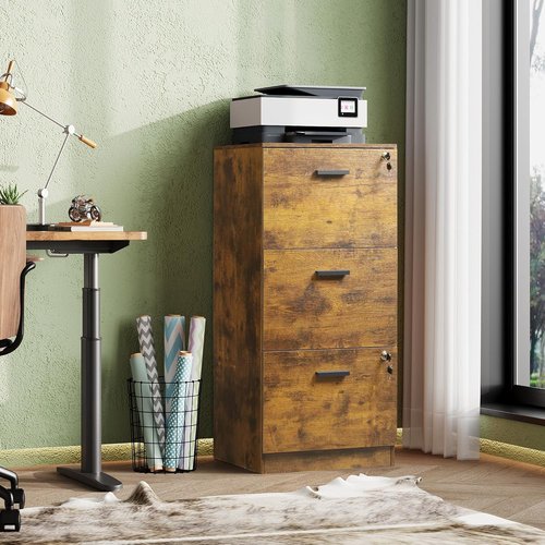 DEVAISE 3-Drawer File Cabinet - Lockable Vertical Wood Filing Cabinet for Home Office, Rustic Brown