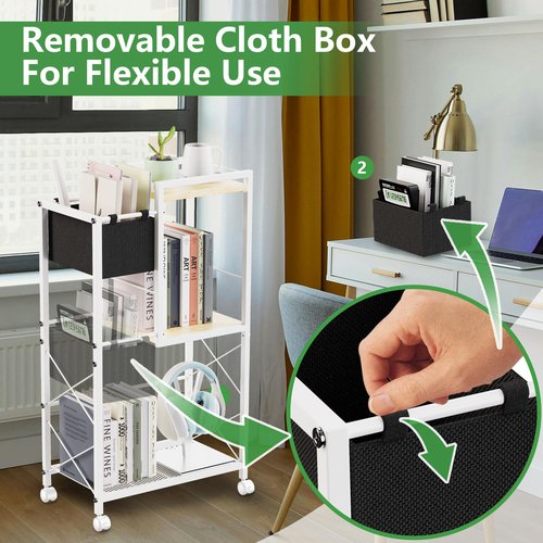 YITOBA 3 Tier Book Cart with Lockable Wheels, Movable Rolling Bookshelf, Metal Rolling Storage Cart, Small Utility File Organizer Cart for Office, Kitchen, Bathroom (White)