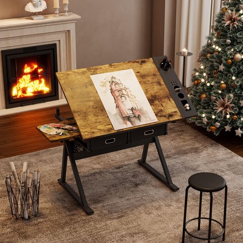 Aidek Rustic Brown Adjustable Drafting Table with Stool & Storage – Tilt-Top Art Desk with 2 Drawers for Painting, Writing, Home Office Studio