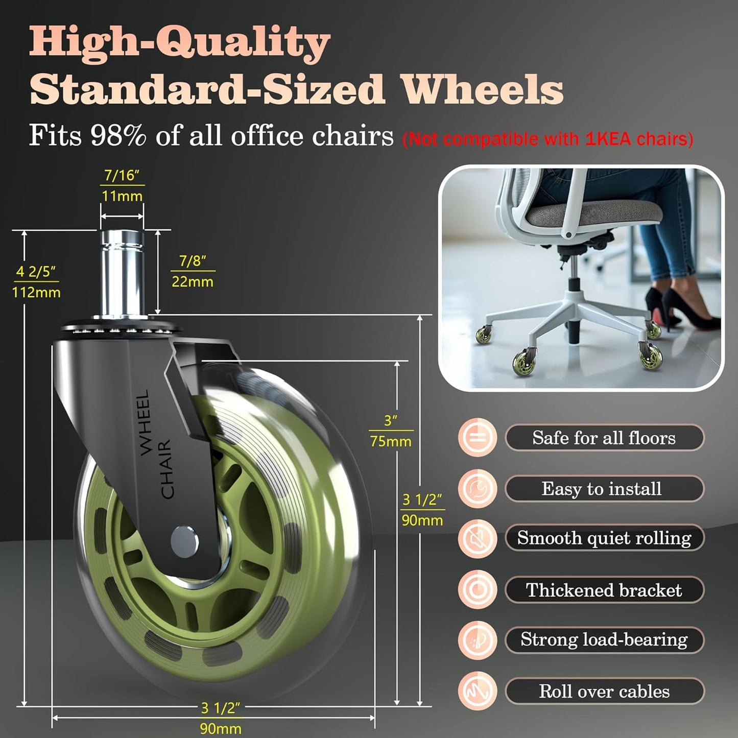 Skiennix Office Chair Wheels - 3" Rubber Casters with 7/16" Stem | Universal Fit for Rolling Chairs - Set of 5 (Green)