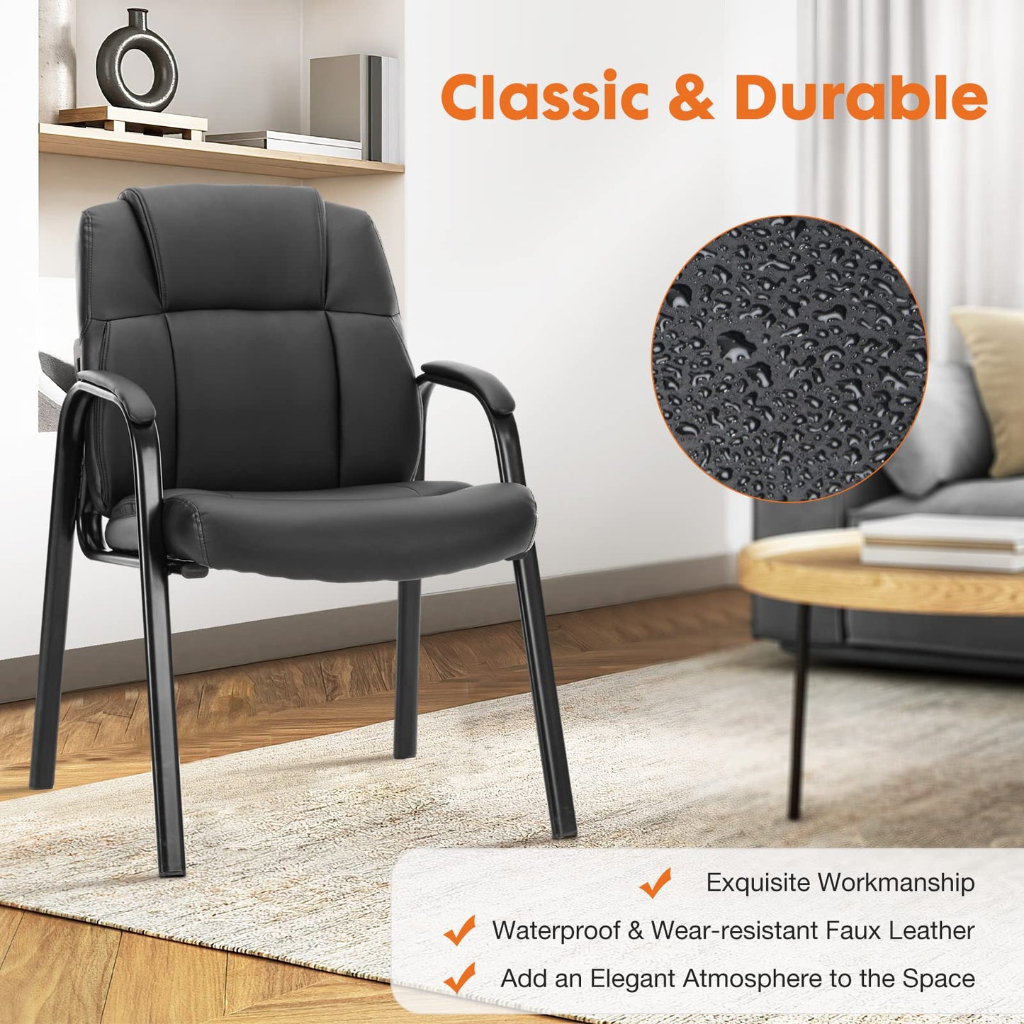 Sweetcrispy Waiting Room Chairs Set of 4, PU Leather Big and Tall No Wheels Executive Office Chair with Padded Arms for Reception Conference Room Lobby