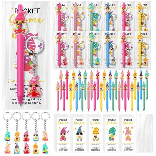 Sayglossy 50 Sets Employee Appreciation Gift Bulk Gnome Themed Staff Gifts Set Includes Hawaii Ballpoint Pens, Summer Keychains, Gnome Bookmarks, Transparent Bags for Coworkers Birthday Party