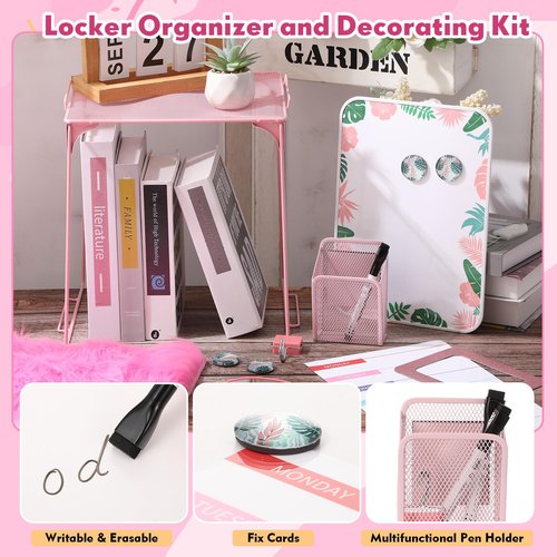 Suzile 16 Pcs Pink Locker Accessories Kit Included Locker Organizer Shelf, Magnetic Whiteboard, Course Schedule, Rug, Magnetic Mirror, Pen Holder, Pen, Planner, Photo Frame, Clips, Light String