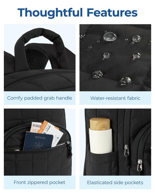 BAGSMART College Laptop Backpack, Travel Backpack for Women, Quilted Casual Daypack, Water-Resistant Bookbag for 15.6 Inch Laptop, Black