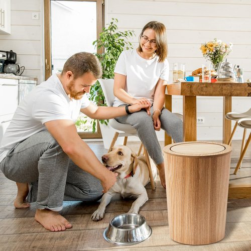 Reallnaive 2 Pieces 8 L/ 2.1 Gal Round Trash Can with Lid Wooden Garbage Can Swing Lid Waste Recycling Bin for Office Home Living Room Kitchen, 9.45 x 7.6 x 11.8 Inch