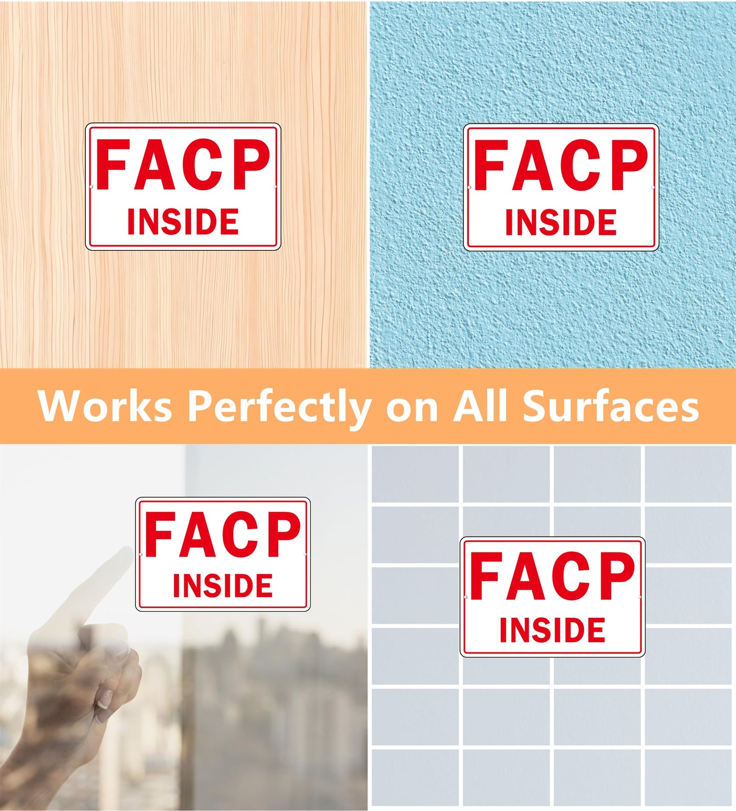 FACP Sign, (2 Pack) Self Adhesive FACP Inside Signs, Rust Free and Reflective Aluminum Metal Sign Sticker for Door (9 x 6 inches, White/Red)