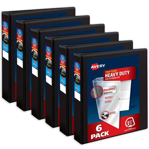 Avery Heavy-Duty View 3 Ring Binders, 1.5 Inch One Touch Slant Rings, 375-Sheet Capacity, DuraHinge, 2.1 Inch Wide Spine, Customizable Clear Cover and Spine, Black Binders (79097) (Pack of 6)