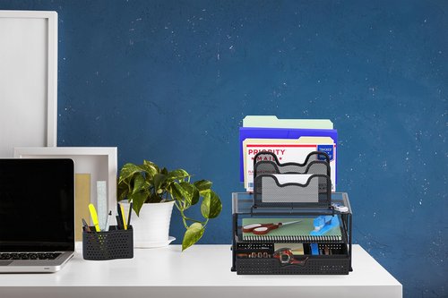 Simple Houseware Mesh Desk Organizer with Sliding Drawer, Double Tray and 5 Stacking Sorter Sections, Black