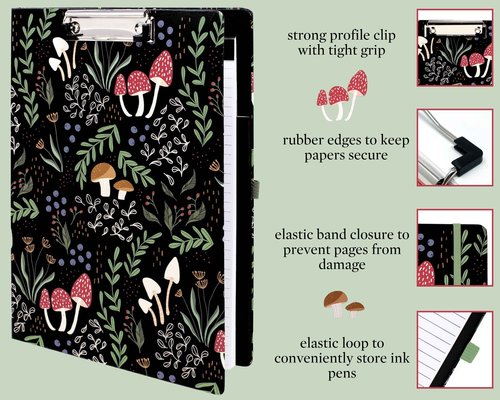 Steel Mill & Co Cute Large Spiral Notebook with Durable Hardcover and 160 Lined Pages Bundle with Clipboard Folio with Refillable Lined Notepad and Interior Storage Pocket, Mushroom