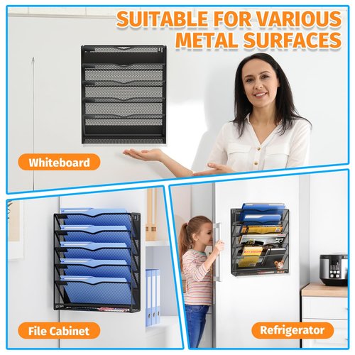 Mogbhw 6-Tier Magnetic File Holder, No Drilling Magnetic File Organizer Folder Holder, Black Hanging Magnetic Paper Holder for Refrigerator, Whiteboard, File Cabinets, Office, Kitchen (Black, 6-Tier)