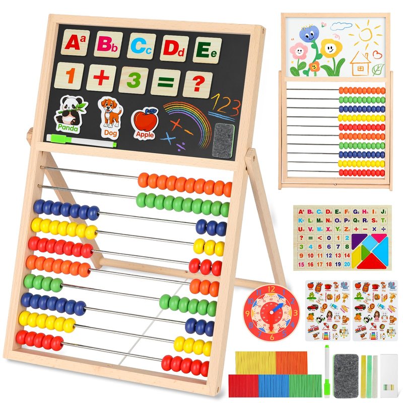 Sariiraw Wooden Abacus for Kids Math – Double-Sided Drawing Board with 100 Counting Sticks, 3 Sets Cards, Clock & Accessories, Educational Learning Toy for Ages 3-8, Homeschool & Preschool Essentials