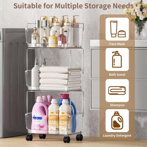 TrendyBin 3-Tier Rolling Cart with Wheels, Clear Bathroom Storage Cart with Lockable Wheels, PET Utility Cart for Kitchen, Bedroom, Office,Snack, Makeup - Multifunctional Storage Easy to Assemble