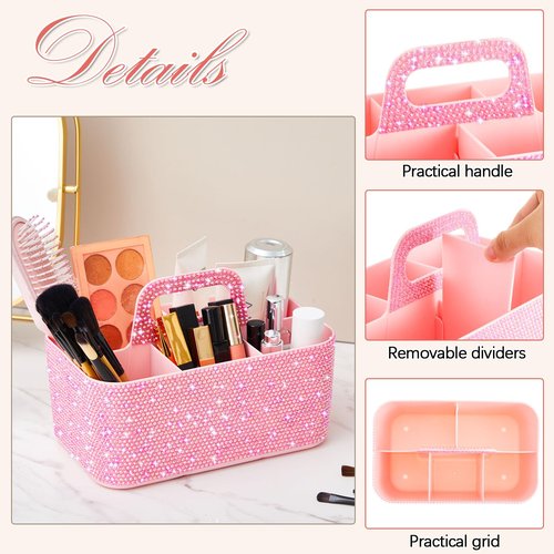 Marspark Bling Girly Caddy Bathroom Organizer with Handle, 9.8 Inch Sparkly Pen Pencil holder for Back to School, Office Desk Accessories Organizer for Pen Brush Makeup Supplies(Pink,AB Diamond)