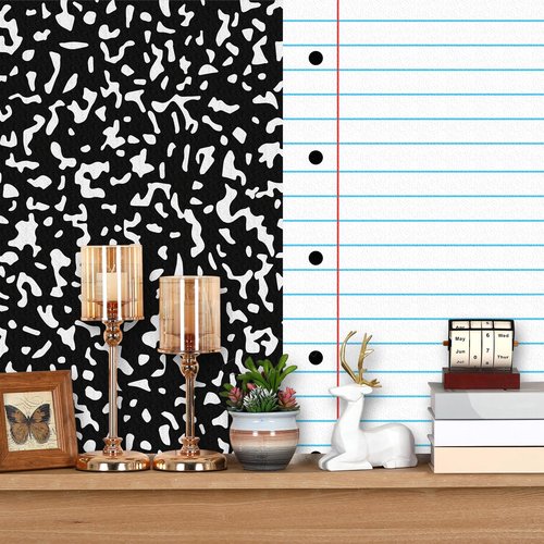 Drydiet 2 Pack Composition Notebook Peel and Stick Wallpaper Roll 1.4x10 ft Waterproof Black and White Classroom Decor, Bulletin Board Backing, Dry Erase Contact Paper for School, Office, Home