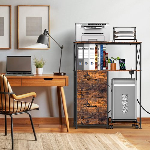 Vestibk Printer Stand for Home Office, 31.5 x15.7 x 40 Inches Large Mobile Printer Table with Adjustable Storage Shelf, 2 Drawer File Cabinets Rolling Cart with Wheels for Host Computer - Rustic Brown