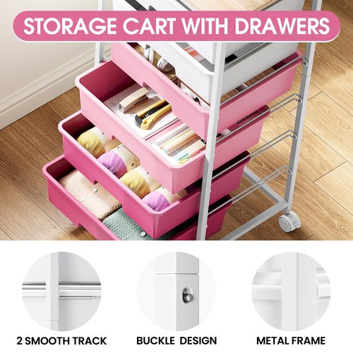 Rolling Storage Cart with Drawers,Utility Cart with 6 Large Drawers and Wooden Tabletop,Craft Storage Cart with Lockable Wheels for Bedroom, Office, Classroom, Kids'Room, Living Room (Pink)