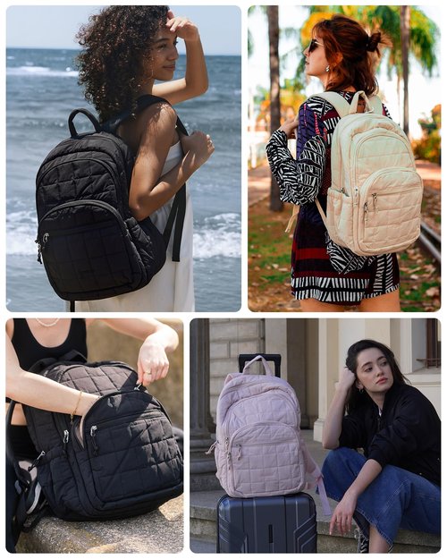 BAGSMART College Laptop Backpack, Travel Backpack for Women, Quilted Casual Daypack, Water-Resistant Bookbag for 15.6 Inch Laptop, Black