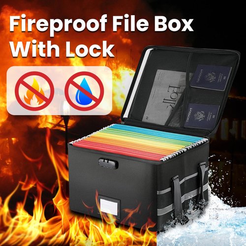 Opastry File Box with Lock 5200°F, 6 Layers of Functional Materials of Fireproof Document File Organizer Box with Water-Resistant Zipper & Adjustable Handle (Black, Grey)