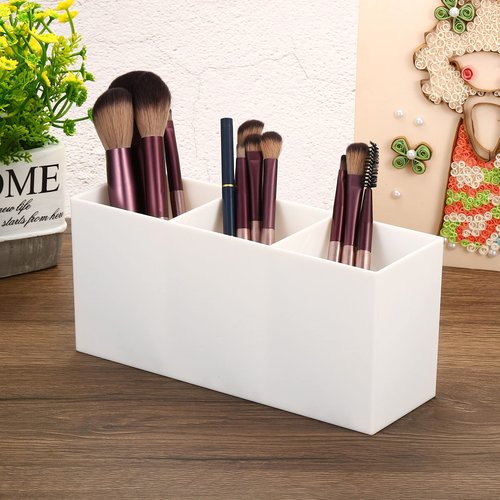 PATIKIL 3 Compartments Clear Acrylic Pen Holder, 2 Pack Pencil Holder Pen Organizer Pencil Cup Makeup Brush Holder Square for Countertop Desk, White