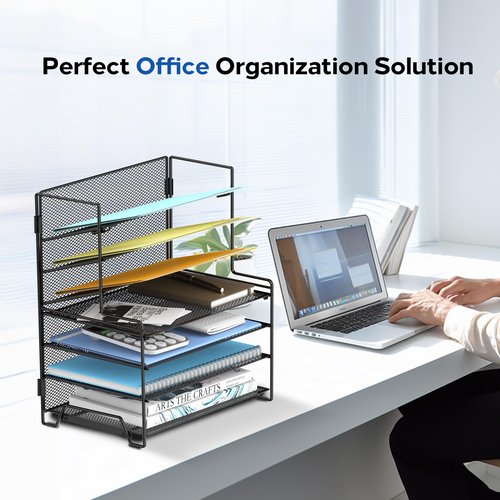 SUPEASY 7 Tier Desk File Organizer, Mesh Letter Tray Paper Organizer with File Holders, Metal Desktop Organizers and Accessories for Home Office Supplies, Black