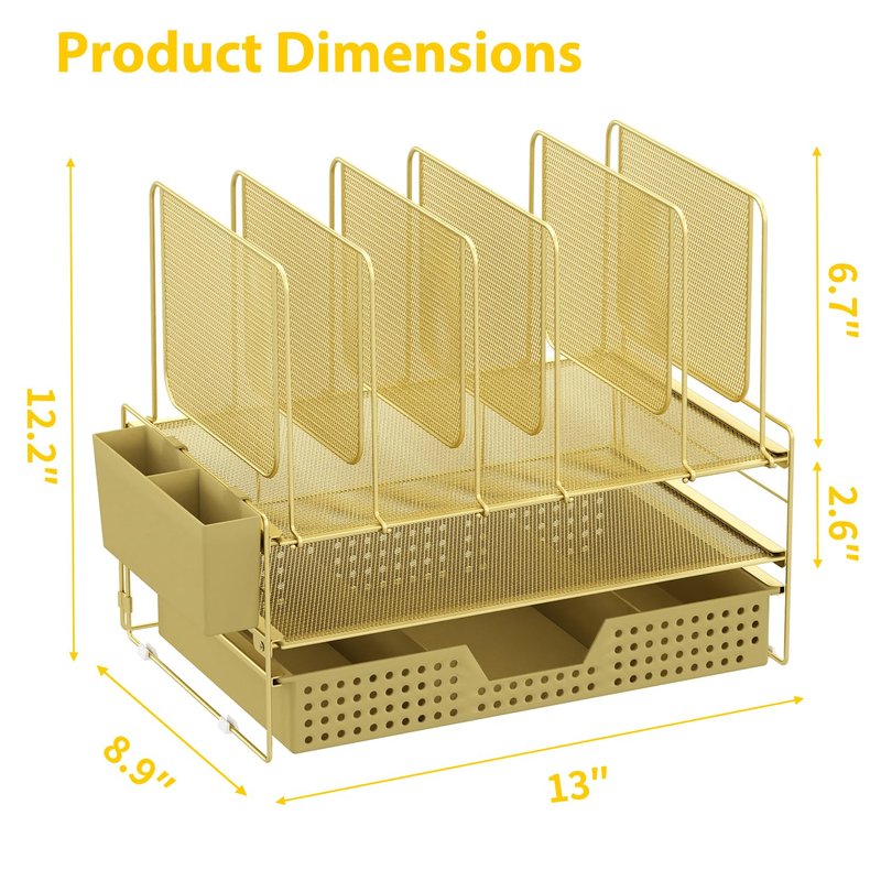 LEKETREE Gold Desk Organizer, Office Organization with Vertical File Holder, File Organizer with Drawer and Pen Holder, Desk Accessories and Workspace Organizers for Home Office (Gold)