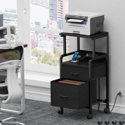 Korfile Printer Stand with Power Outlets & File Cabinet, Mobile Printer Table with 2 Drawers, 4 Tiers Multi-Functional Rolling Printer Cart with Wheels for Home Office, Living Room, Black