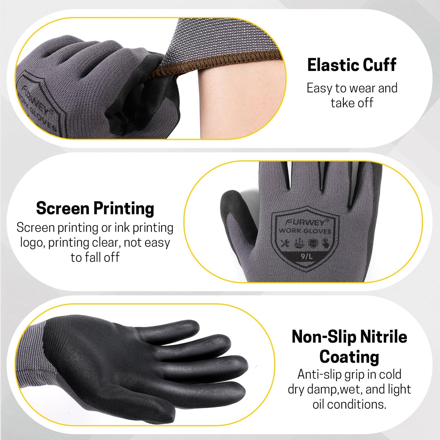 FURWEY Safety Work Gloves,16 Pairs Micro-Foam Nitrile Coated Glove for Men and Women, Touchscreen, Ideal for Warehouse Package Handling，Construction, Gardening, Large
