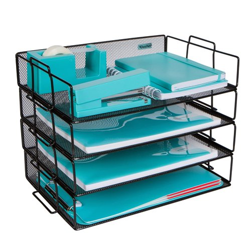 Stackable Paper Tray Desk Organizer, 4-Tier Metal Mesh Letter Organizers for Business, Home, School, or Store Use, Organizes Files, Folders, Letters, Paper, Binders, Multi-Functional Desktop Storage