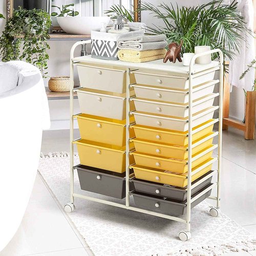 15-Drawer Storage Cart, Mobile Rolling Utility Cart w/Wheels, Multipurpose Organizer Cart for Tools, Scrapbook, Paper, Ideal for Home Office School (Yellow)