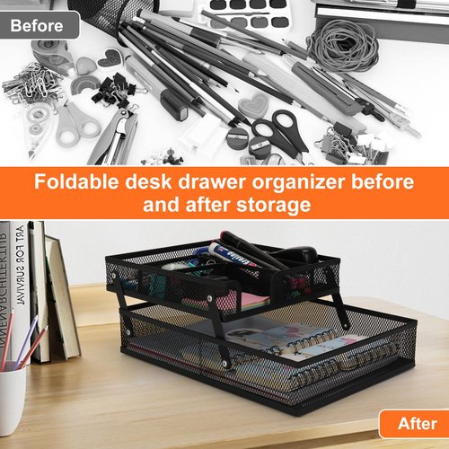 Desk Drawer Organizer Tray, Foldable Metal Mesh Wire, 2-Layer Mesh Tray, Desktop Accessory Organizer for Storing Office Supplies Scissors, Pens, A4 Paper, Stapler, Clips, Erasers