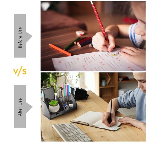 Udgamy Desk Organiser, Smoky Black, Pen Stand, 7 Compartment Stationary Organizer (21 cm x 9.5 cm x 10 cm)