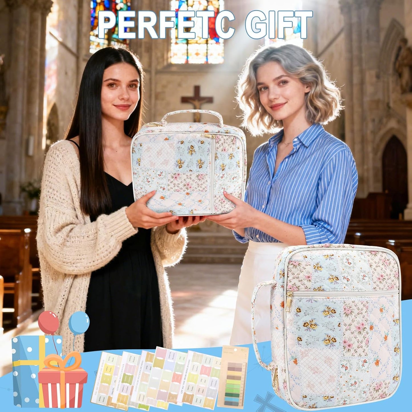 Zkptops Bible Cover Case - Floral Quilted Design with Zipper Pocket & Handle | Large Size for Women & Girls