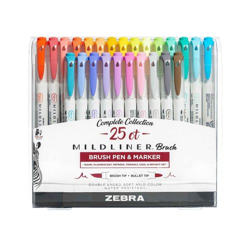 Zebra Pen Mildliner Double-Ended Brush Pen, Brush and Fine Point Tips, Ideal for Bible Highlighting, No Bleed, Assorted Ink Colors, 25-Pack (79125)